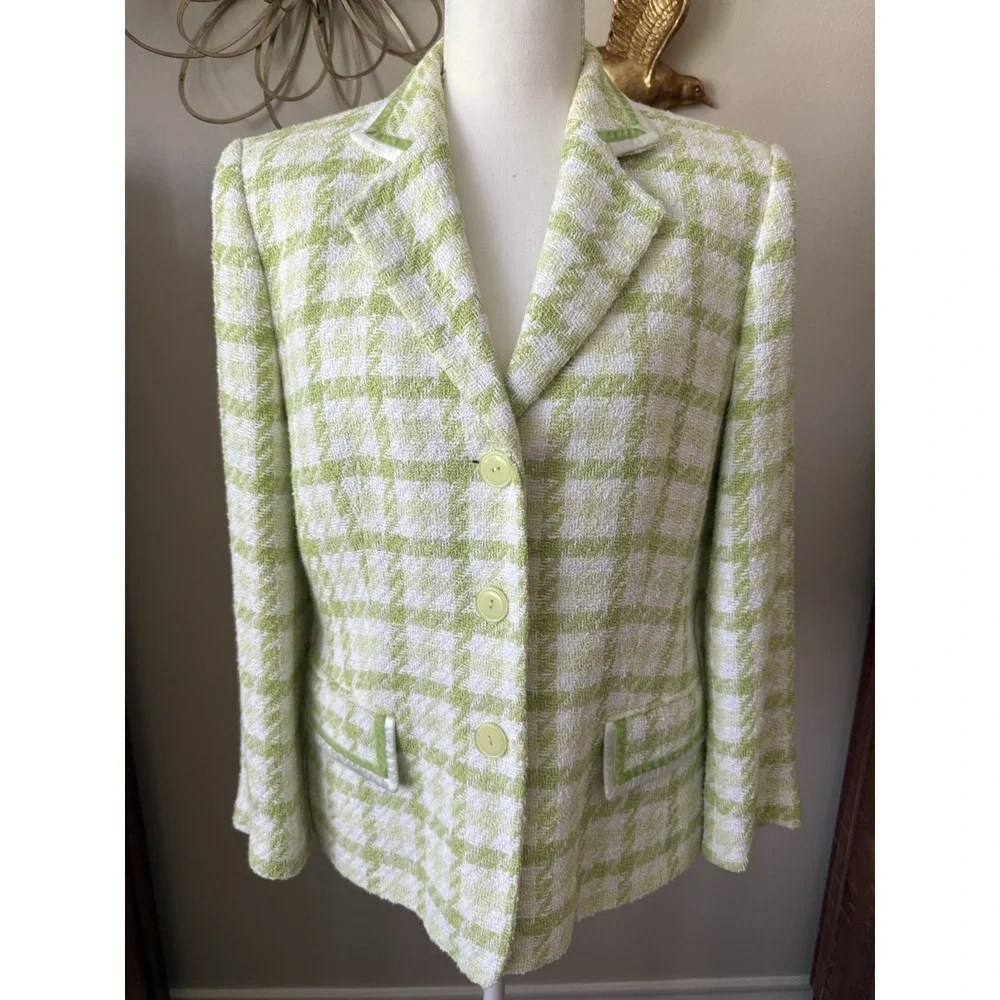 Basler Lime Green Houndstooth Tweed Blazer Jacket Women US 12‎ Germany 38